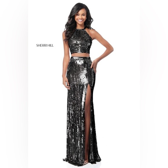 Sherri Hill Style 51662 High Slit Two Piece Sequin Dress Size 6 - Picture 3 of 7